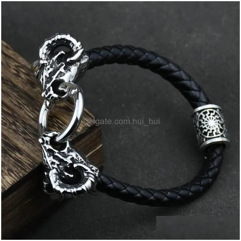 charm bracelets  goat head men stainless steel vintage bangles rune amulet leather icelandic jewelry