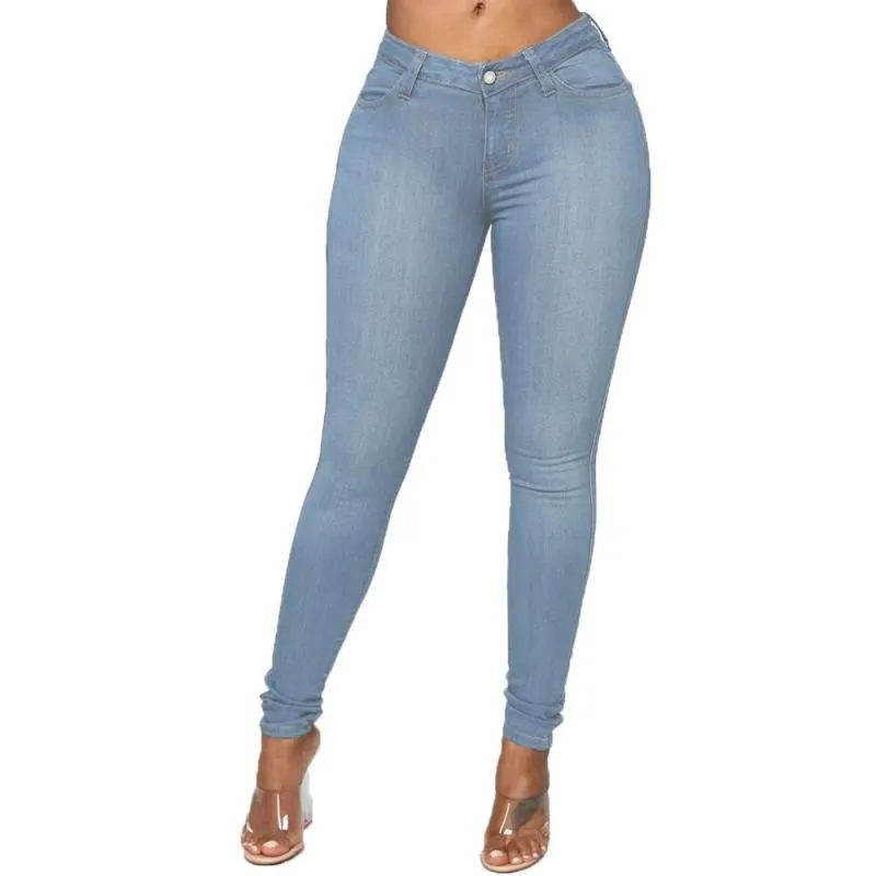 Women`s Jeans Womens Mid Waist Stretch Skinny Denim Pants 2021 Autumn Winter Blue Retro Washed Elastic Slim Pencil Trousers