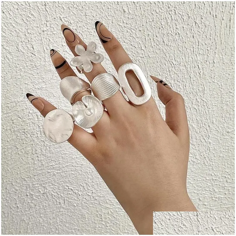 Cluster Rings Allyes Minimalist Geometric Chunky Sier Color For Women Men Trend Matte Adjustable Elastic Rope Finger Ring Jewelry Dr Othpu