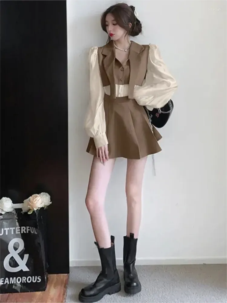 Work Dresses Blazer Skirt Sets Ladies Puff Sleeves Suit Collar Shirt Women Autumn High Waist Meat-covering Small Fragrance