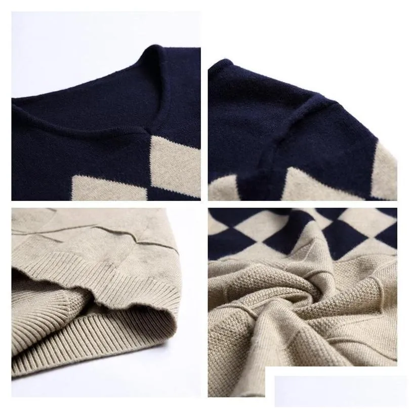Men`S Sweaters Mens Cashmere Wool Sweater Men 2022 Autumn Winter Slim Fit Plovers Argyle Pattern V-Neck Pl Homme Christmas Drop Deliv Dhzuw