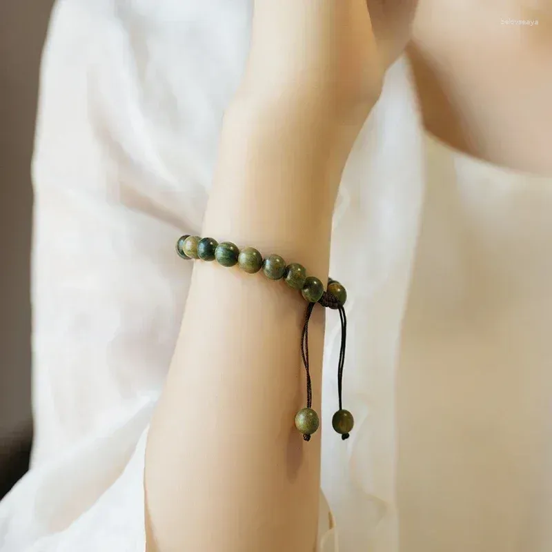 Strand Hand-woven Rope Green Sandalwood Buddha Beads Bracelet Natural Jade Wooden Bracelets Handmade Jewelry Mala Unisex