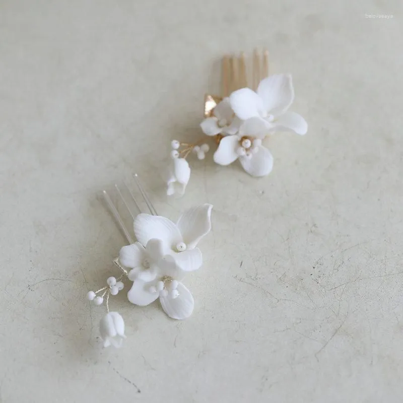 Hair Clips Delicate Ceramic Rose Flower Bridal Comb Gold Silver Color Leaf Women Headpiece Wedding Accessories