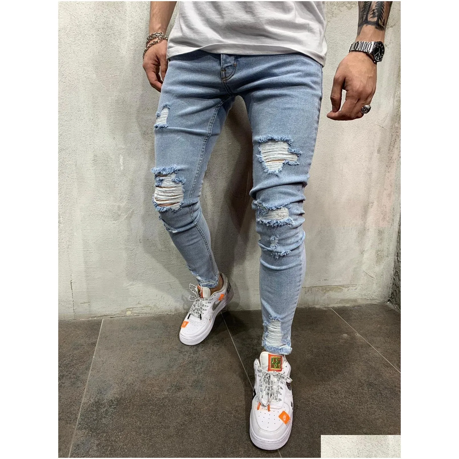 Men`S Jeans Mens Slim Fit Ripped Hole Pencil Pants New Style High Elastic Summer Street Hip Hop Urban Wind Casual Drop Delivery Appar Dh8Xb