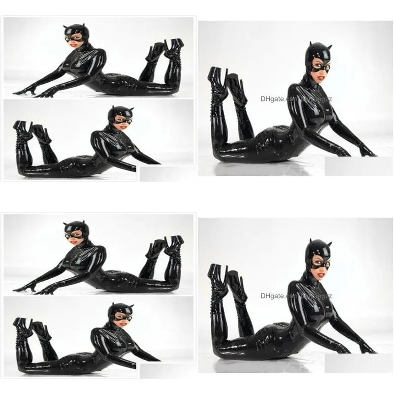 plus size women pu leather catsuit sexy catwoman cosplay costume stretchable bodysuit 2 way zipper footed jumpsuit with mask1931204