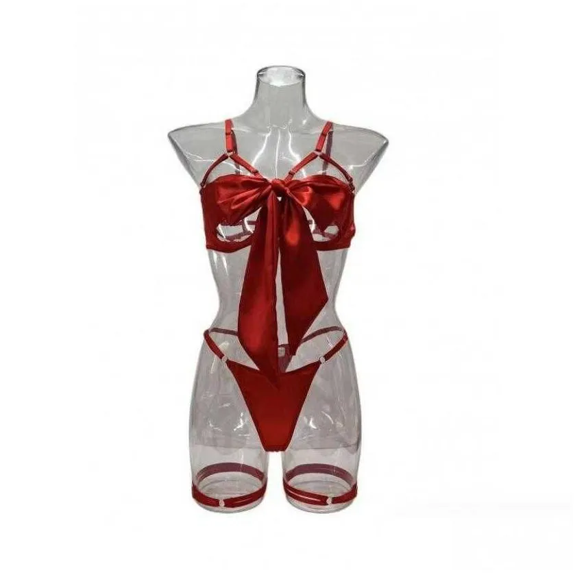 New hot sexy underwear delicate bow hollow sexy three-piece set with steel ring L231229