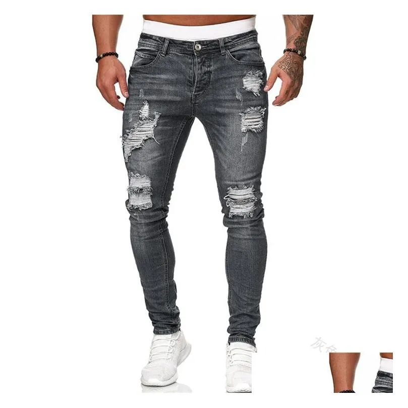 Men`S Jeans Mens 5 Colors Ripped Died Hole High Street Classic Black Blue Gray Denim Pants Splice Slim Pencil Drop Delivery Apparel C Dhrdw