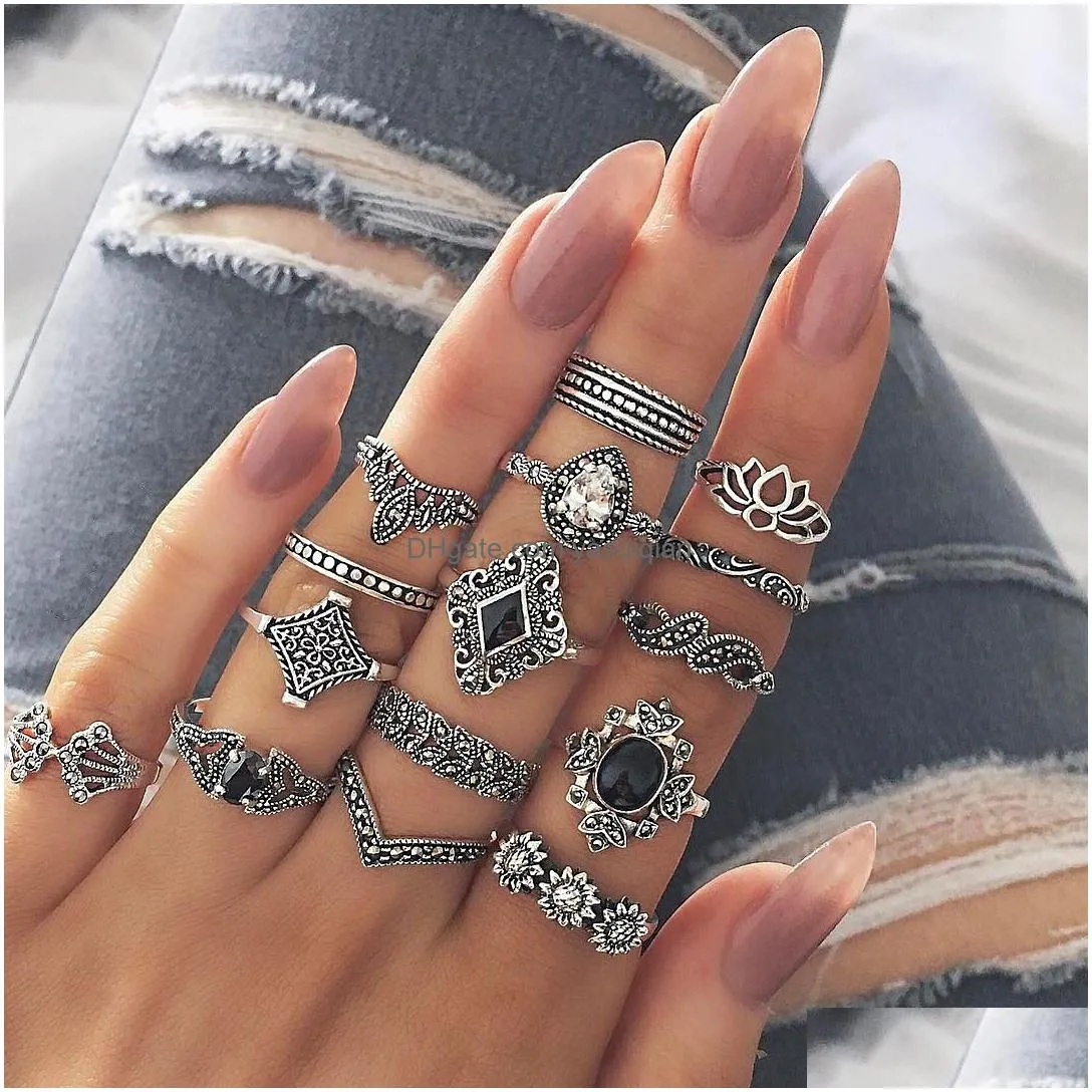 Cluster Rings 10 Styles Bohemian Midi Set For Women Vintage Crystal Zirconia Crescent Crown Bride Wedding Knuckle Finger Fashion Jewe Dheve