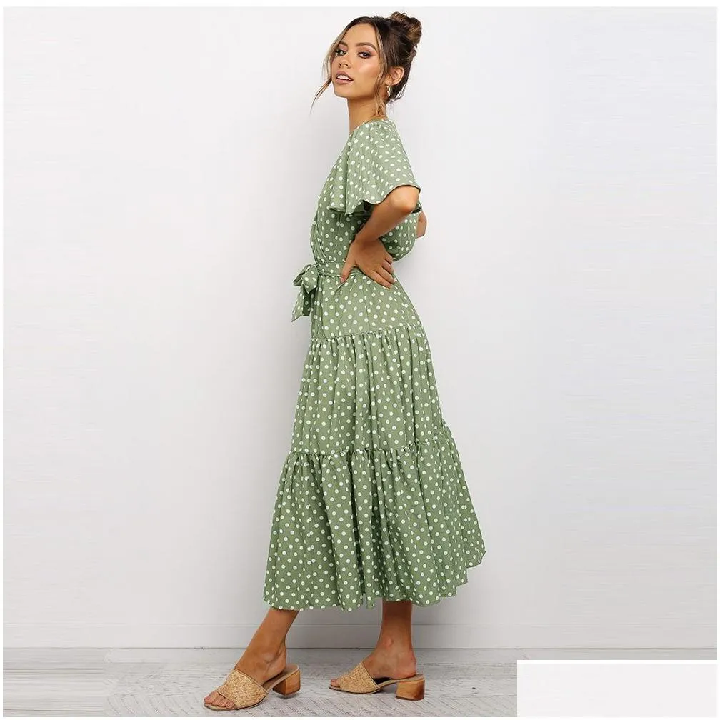 Basic & Casual Dresses Women Pleated V-Neck Polka Short Sleeve Dress Spring And Autumn Clothes Y Drop Delivery Apparel Women`S Clothi Dhbgh