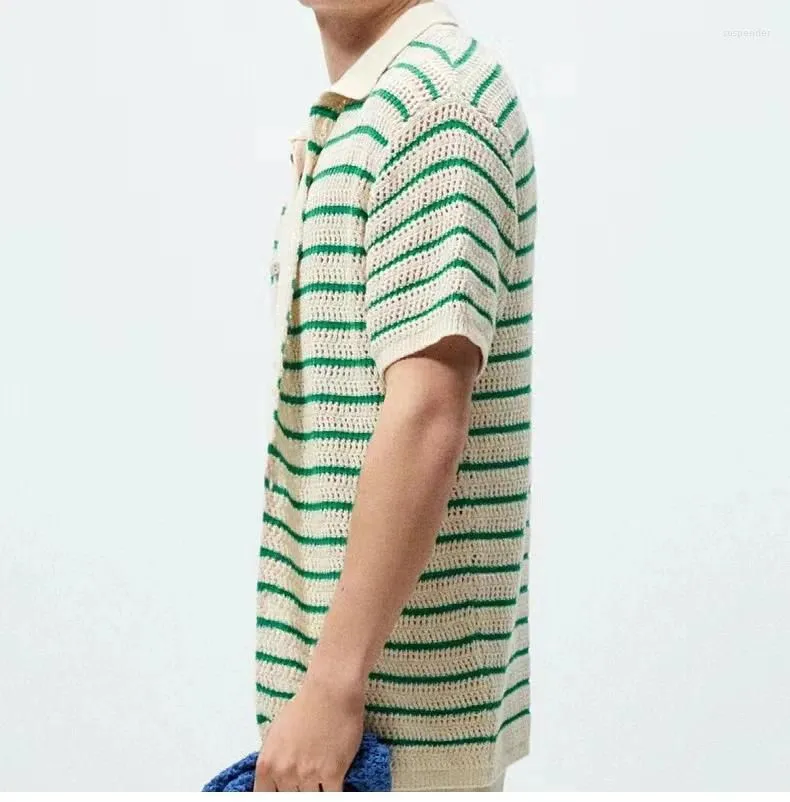 Men`s Polos Summer Fashion Vintage Knit Polo Shirt Men High Quality Stripe Color Matching Top Casual Cardigan Short Sleeve