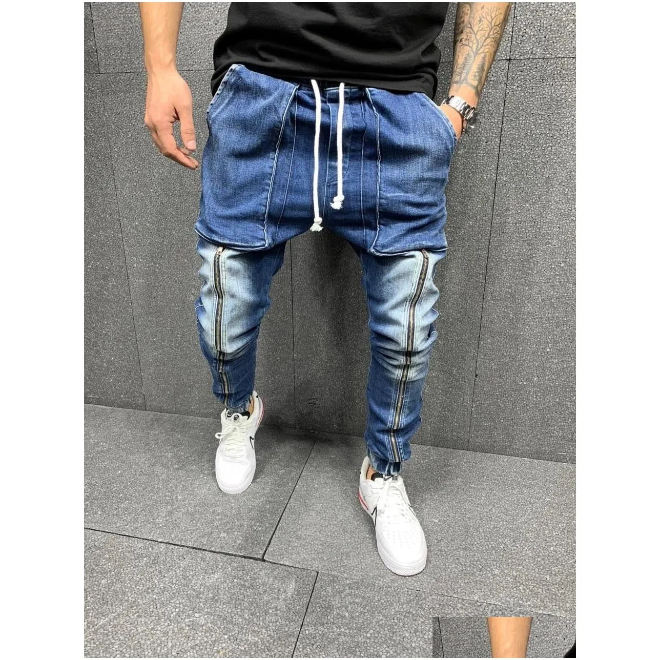 Men`S Jeans Mens Fit Zipper Pocket Design High Street Men Died Denim Joggers Pants Washed Pencil Drop Delivery Apparel Clothing Dhskz