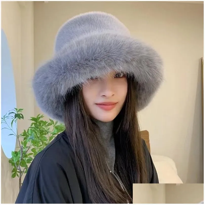 Wide Brim Hats Bucket Hats Big Fluffy Faux Fur Bucket Hat for Women Luxury Plush Fisherman Hat Warm Winter Hat Thicken Cold Snowy Day Panama Cap