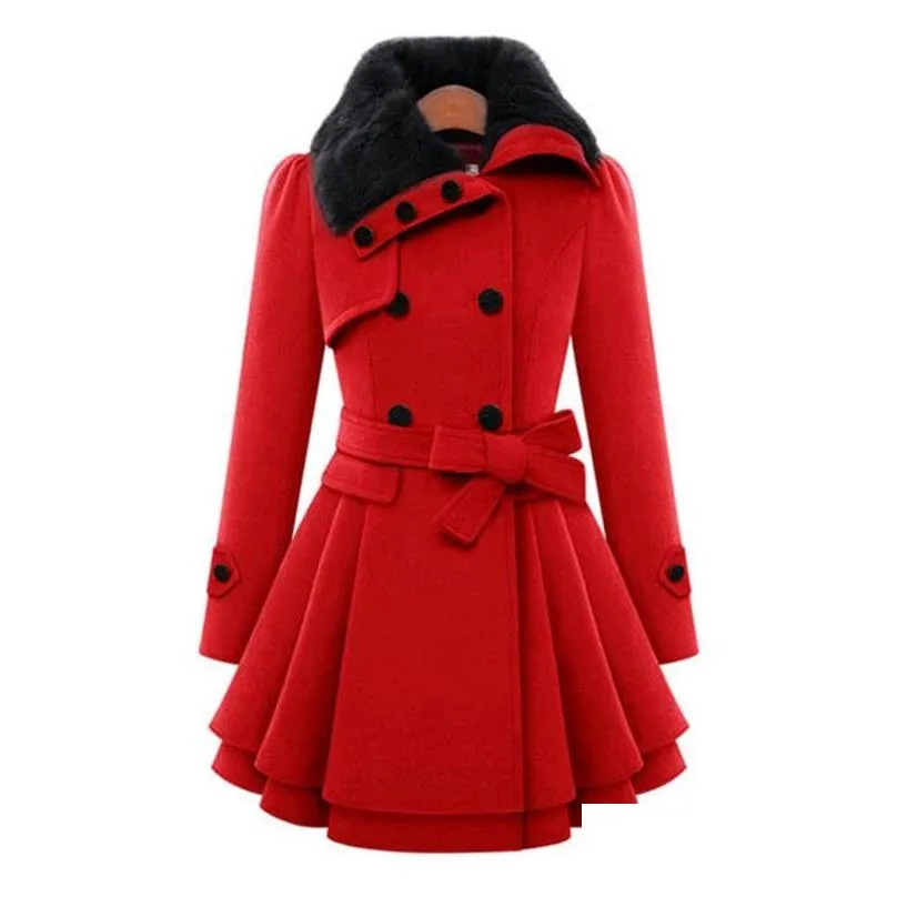 Women`S Wool & Blends Womens Woolen Coat Double Breasted Lapel Long Female Thicken Autumn Winter Slim Belt Pleated Trench Coats Lady F Dh8Hg