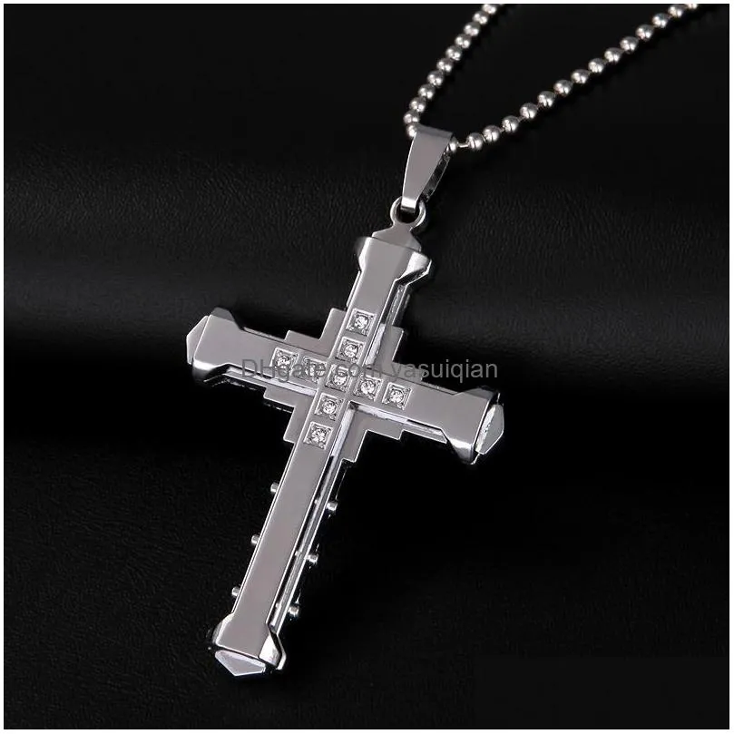 Pendant Necklaces Mens Crystal Cross Necklace For Women Double Layer Stainless Steel Crucifix Jesus Charm Chains Fashion Relin Jewelry Dhgzd