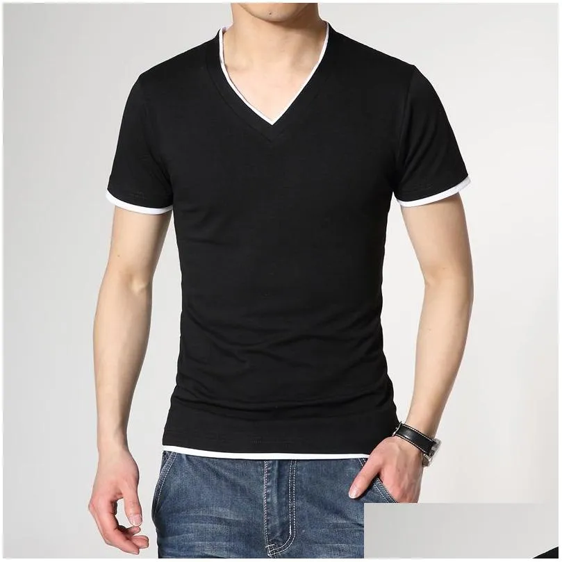 Men`S T-Shirts Mantlconx Elastic V-Neck T-Shirt Men Basic Solid T Shirt For Male Cotton Brand Tops Tees Breathable Short Sleeve Drop D Dhnk2