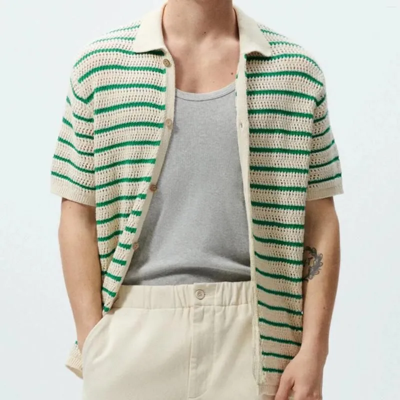 Men`s Polos Summer Fashion Vintage Knit Polo Shirt Men High Quality Stripe Color Matching Top Casual Cardigan Short Sleeve