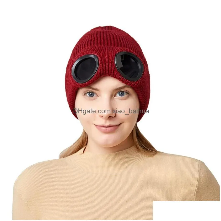 Beanie/Skull Caps Uni Winter Outdoor Glasses Knit Hat Ski Cap Clava Mask Face Neck Protection Thickened Scarf Warm Sklies Beanies Drop Dhspt