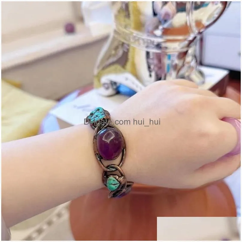 bangle yeevaa purple crystal amethyst turquoise bracelet with copper open raw gemstone energy healing stone handmade