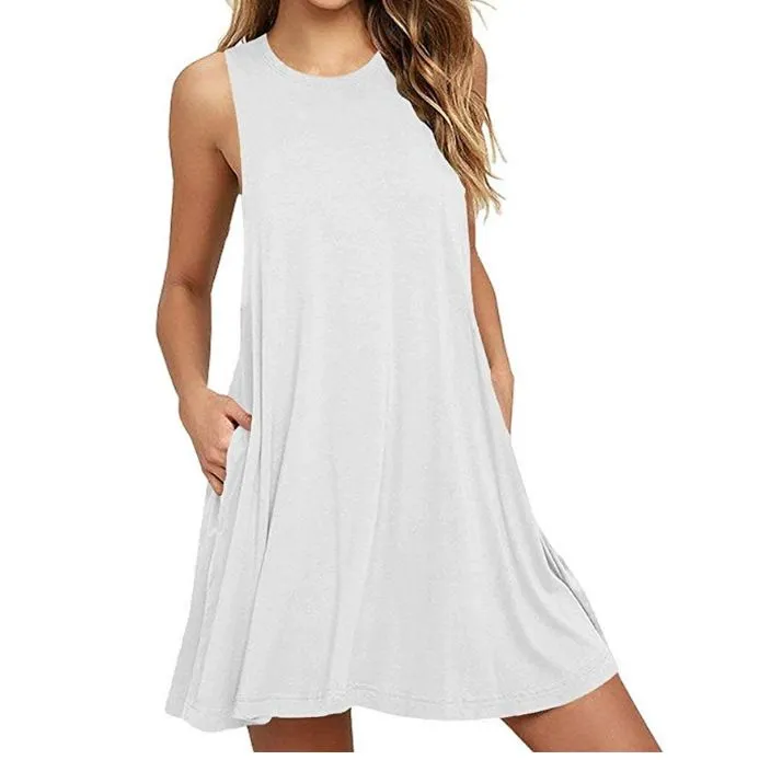 Designer dress for woman summer dress Women Solid Summer Sleeveless Mini Tank Dress with Invisible Pockets mini white 5xl