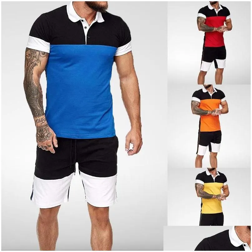 Men`S Tracksuits Mens Short Sets Summer Casual Clothing 2 Piece Set Colorblock Track Suits Male T Shirtaddshorts Cotton Men Drop Deli Dhcv6