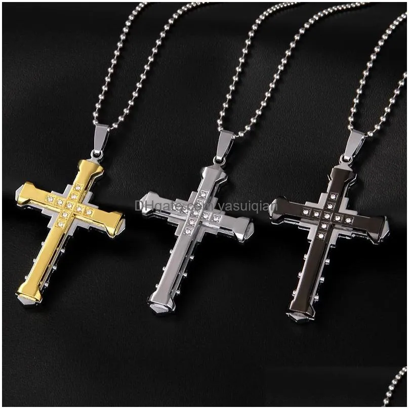 Pendant Necklaces Mens Crystal Cross Necklace For Women Double Layer Stainless Steel Crucifix Jesus Charm Chains Fashion Relin Jewelry Dhgzd