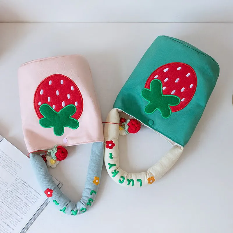 Women Canvas Tote Shopper Bag Large Eco Shopping Strawberry Printing Shoulder Bags for Girl Female Student Foldable Handbag