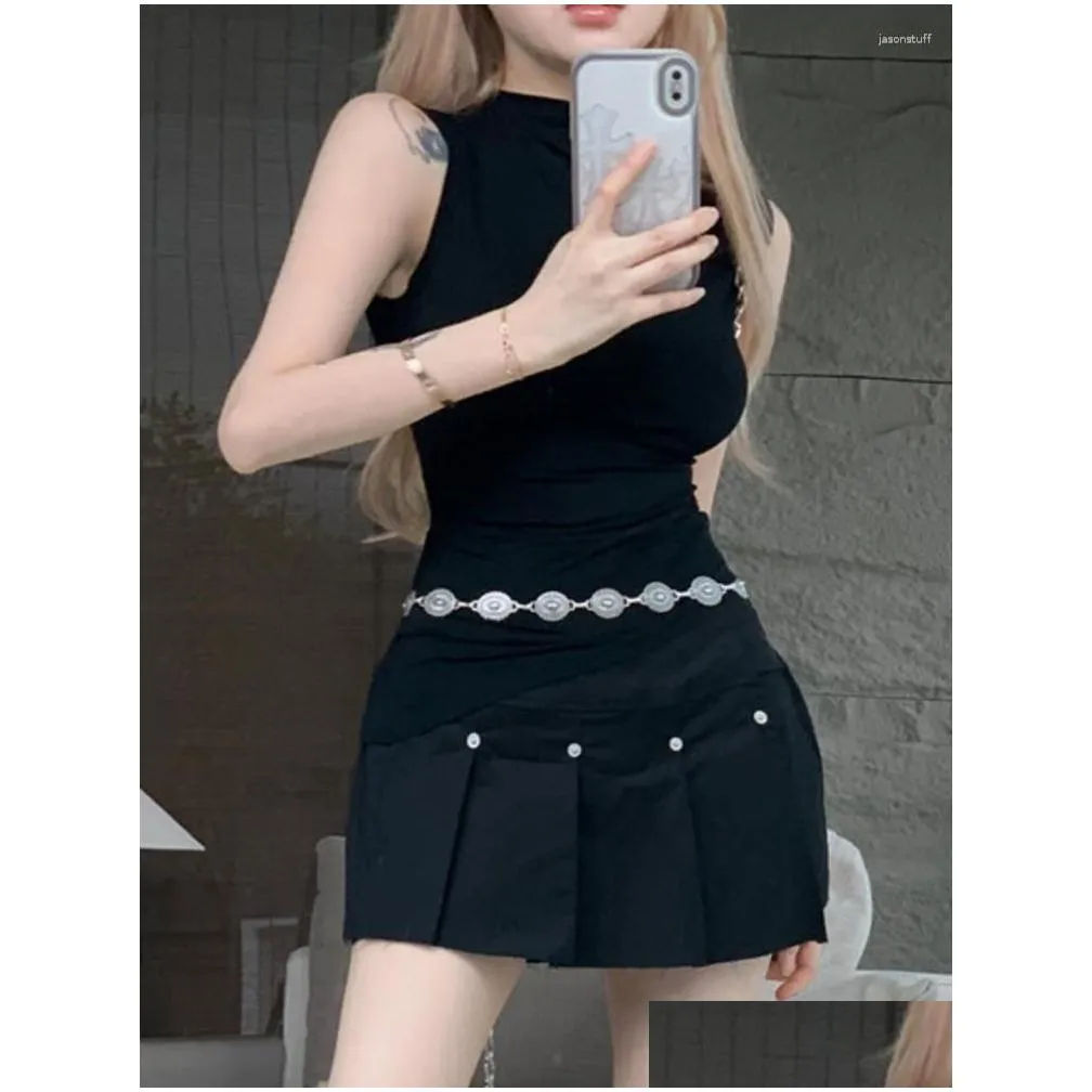 Work Dresses Korean Fashion Sweet Two Piece Set For Women Sleeveless Crop Top Pleated Skirt Suits Girls Sexy 2 Outfits