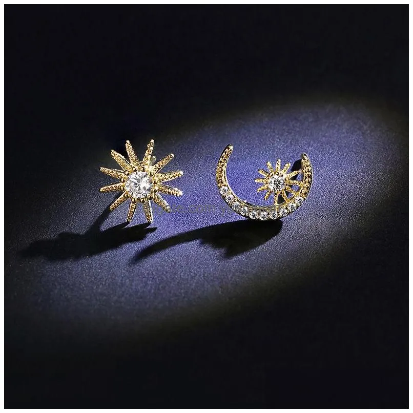 Stud Korean Asymmetrical Star Moon Earrings For Women 925 Sterling Sier Hypoallergenic Cz Ear Rings Fashion Jewelry Gift Drop Deliver Dhhvr