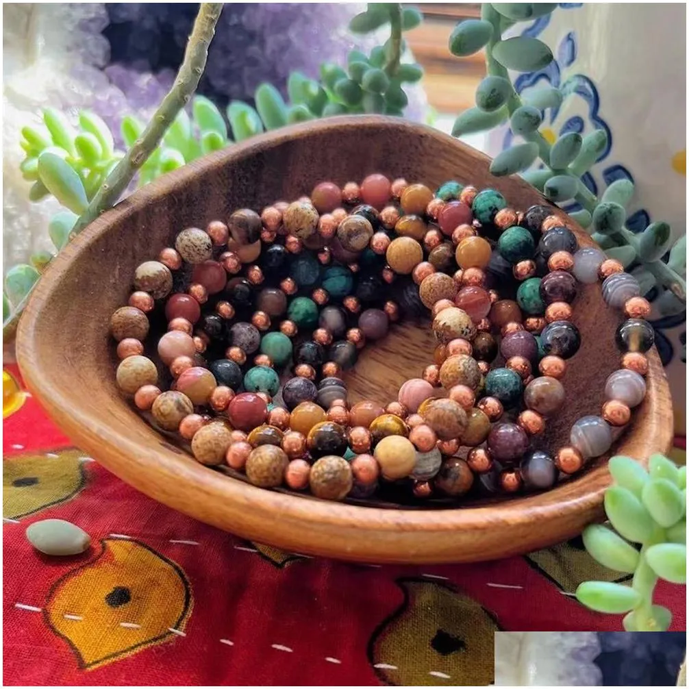 MG1609 Strand New Design Throat Chakra Wrist Mala Bracelet 6 MM African Turquoise & Copper Beaded Bracelet For Women300a