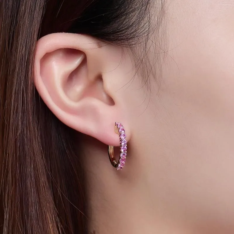 Hoop Earrings GEM`S BEAUTY 14K Gold Filled Sterling Silver For Women Handmade Round Lab Pink Sapphire Huggies