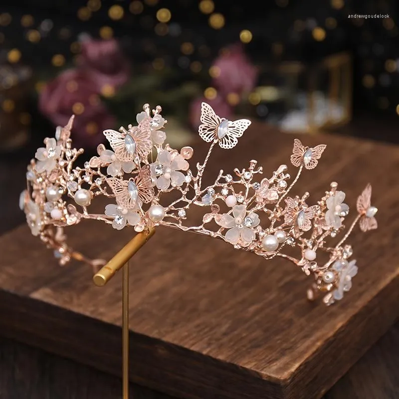 Hair Clips Rose Gold Color Butterfly Baroque Crown Headband Flower Wedding Tiara Crystal Bridal Diadem For Women Jewelry