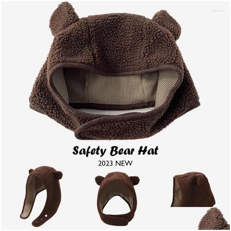 Berets American Y2k Safety Bear Bomber Hats Unisex Hip Hop Polar Fleece Warm Ear Protection Beanies Men Women Magnetic Buckle Ski Hat