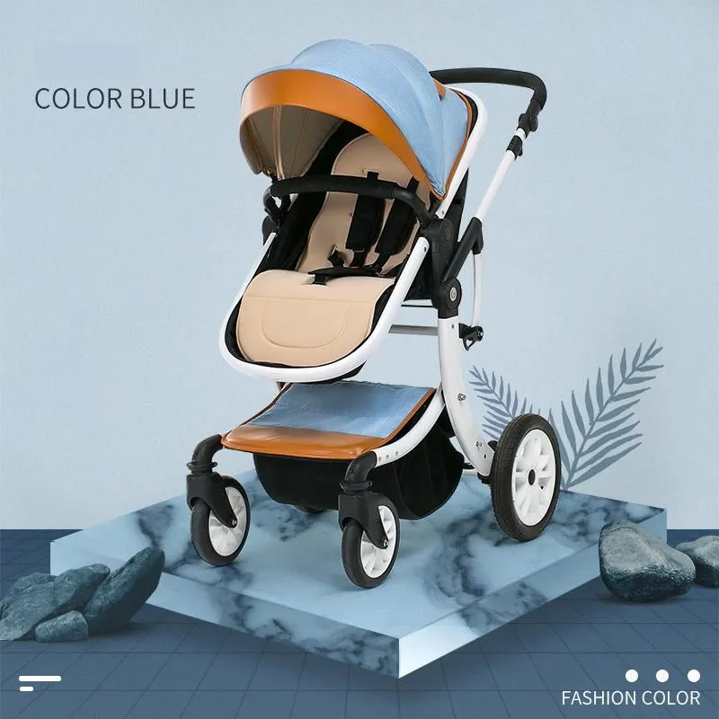 Luxury Baby Stroller 3 in 1,2020 New PU leather baby stroller and car seat, High Landscape Portable Pushchair,white pram1