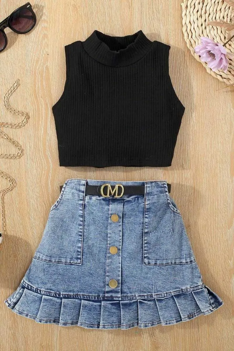 Cross Border Foreign Trade Girl Sleeveless Top Denim Short Skirt Two Piece Set Children`s Infant and Young Baby Summer Clothing