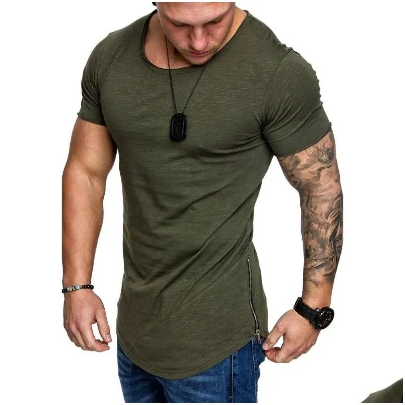 Men`S T-Shirts Mens Moomphya Solid Color Skinny Side Zipper T Shirt Longline Slim Fit T-Shirt Men Hip Hop Streetwear Summer Tops Drop Dh4Zv