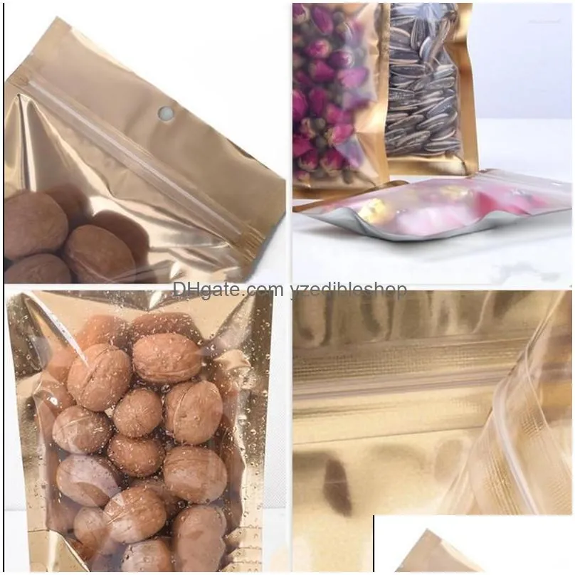 Storage Bags 100Pcs/Lot Matte Aluminum Foil Inner Gold Outer Sier Transparent Bag Notch Food Dried Fruits Hang Hole Tear Drop Delive Dhxsd