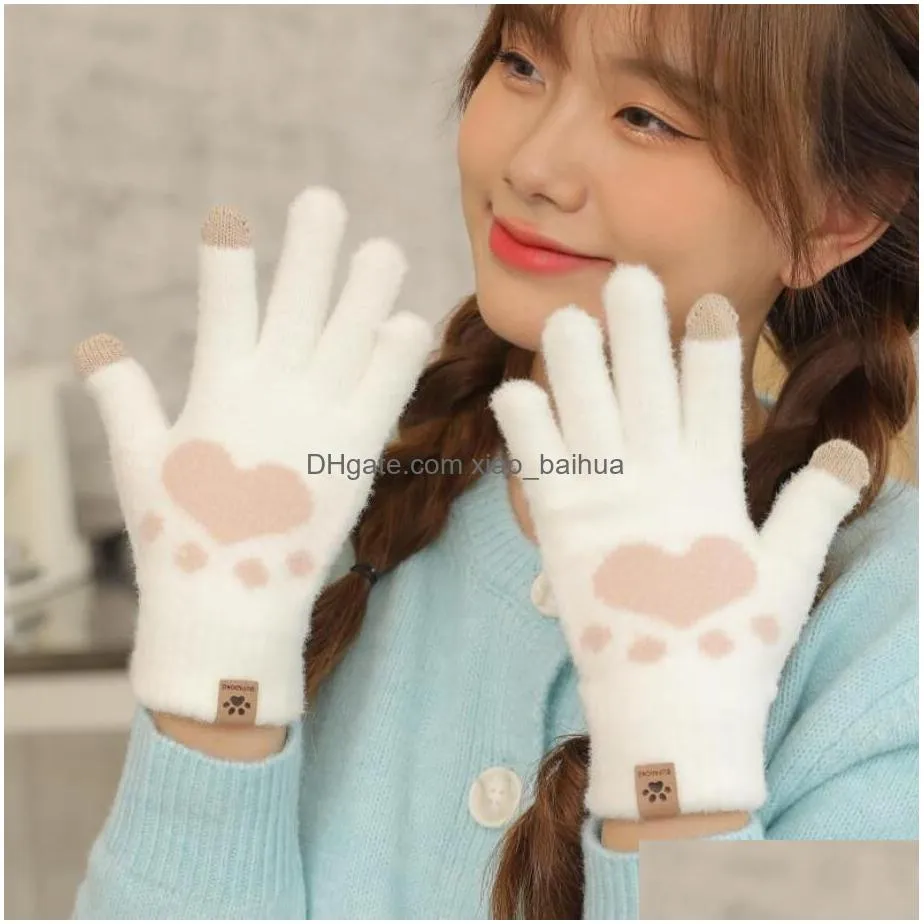 Mittens Women Cartoon Cat Claw Gloves Girls Thickened P Lovely Style Fingers Winter Warm Phone Touchsn Knitted Drop Delivery Fashion A Dhua9