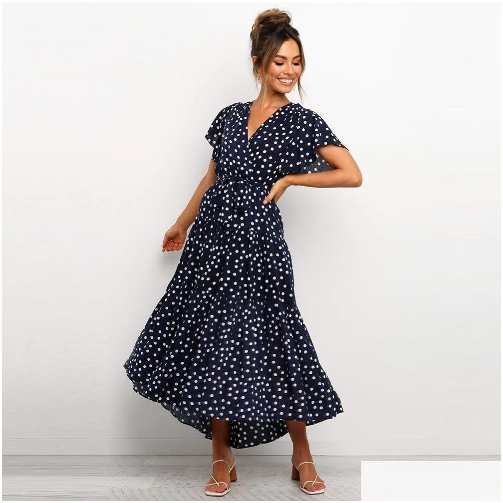 Basic & Casual Dresses Women Pleated V-Neck Polka Short Sleeve Dress Spring And Autumn Clothes Y Drop Delivery Apparel Women`S Clothi Dhbgh