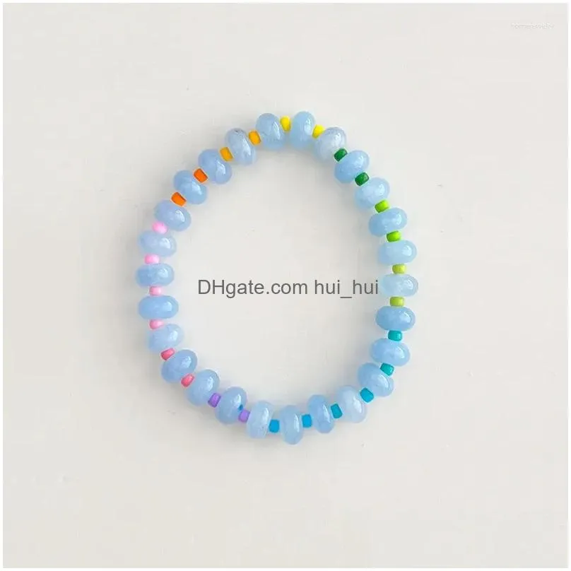 strand rainbow gradient natural stones beads bracelets colored glass rice stretchy bangle womens summer jewelry