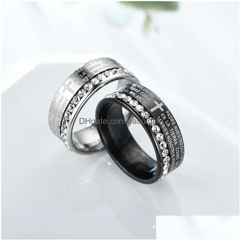 Band Rings Classic Spain Bible Scripture Cross Couple With Crystal Relin Verse Stainless Steel Finger Ring For Men Women Fashion Drop Dhjv0