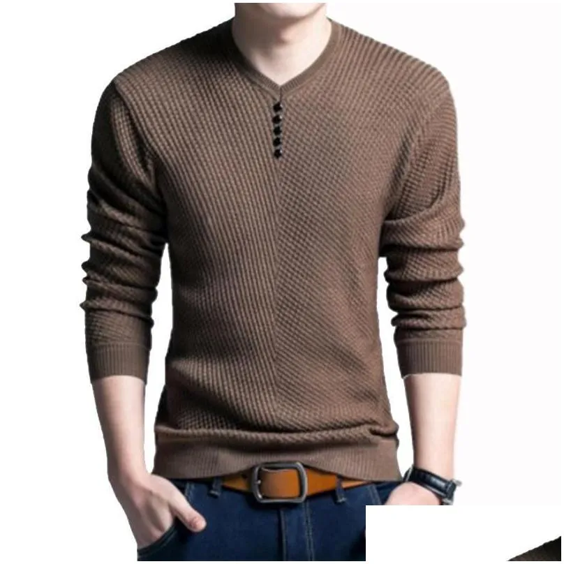 Men`S Sweaters Mens 2021 Henley Neck Sweater Fashion V-Neck Warm Slim Plover For Men Autumn Casual Long-Sleeve Homme Knittwear Drop D Dhtcr