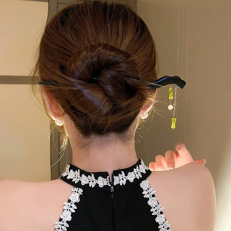 Chinese Style Bamboo Tassel Pearl Pendant Hair Stick Retro Hanfu Wooden Hairpin Chopsticks Clips Women Girls Hair Accessories