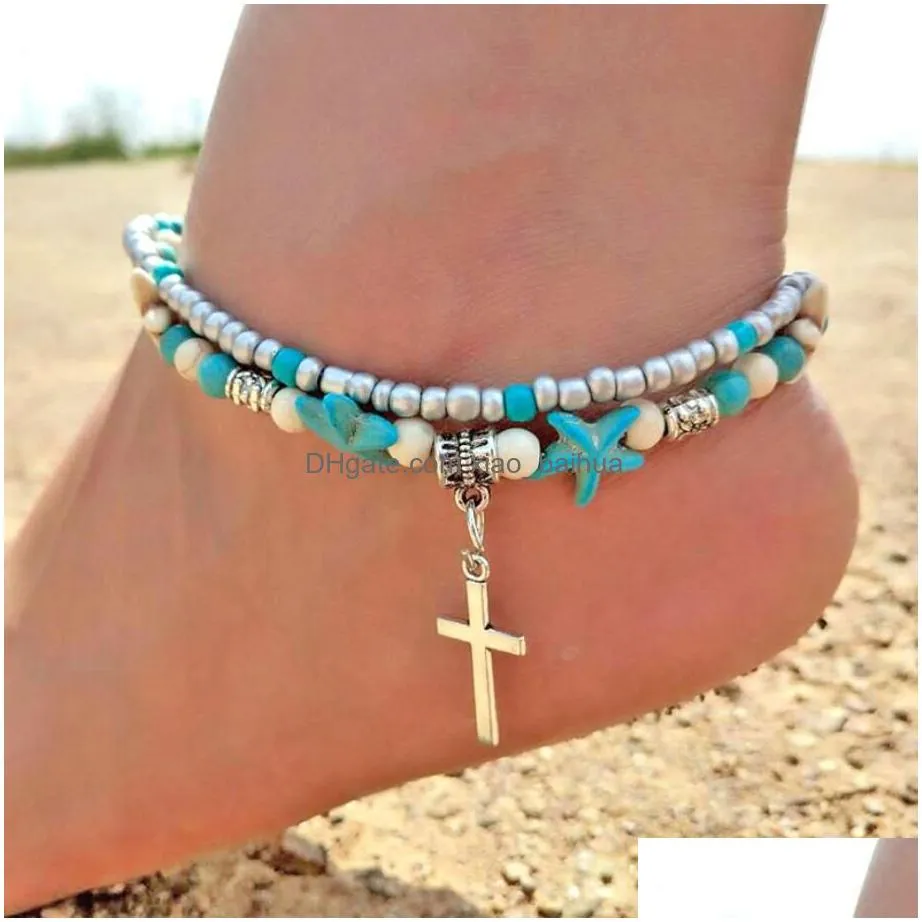 Anklets Vintage Starfish Pendant For Women 2023 Beach Stone Beads Anklet Bohemian Ankle Bracelet On Leg Summer Foot Jewelry Drop Deli Dhl1P