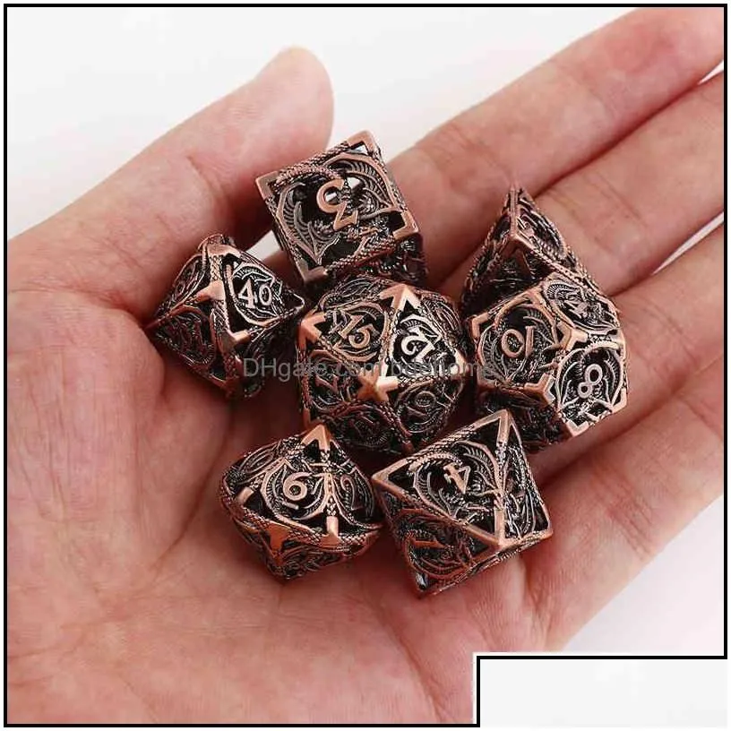 Outdoor Games Activities Leisure Sports Outdoors 7Pcs Pure Copper Hollow Metal Dice Set DD Polyhedral For Dnd Dungeons And Dragons3328