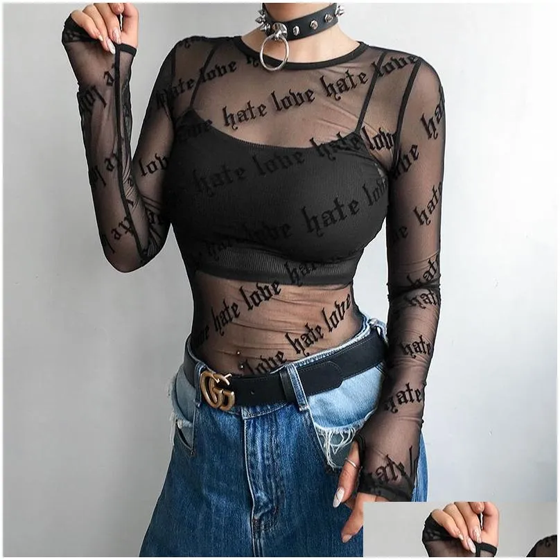 Women`S T-Shirt Women T-Shirts Lace See-Through Long Sleeve Top Tees Y Ladies Sheer O-Neck Tops Black Letter Printing Transparent Pers Dhqeb