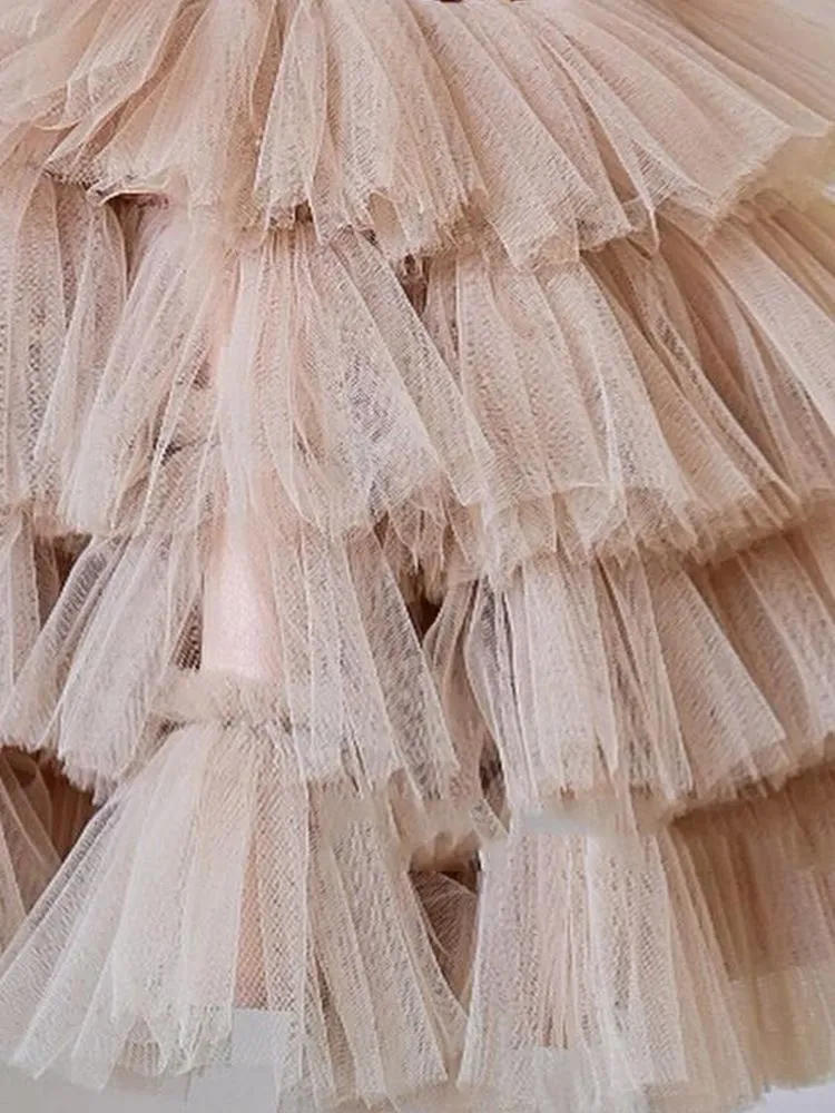 Girls sequins tiered lace tulle cake dresses Ball Gown kids beaded gauze falbala fly sleeve princess dress children birthday party clothes