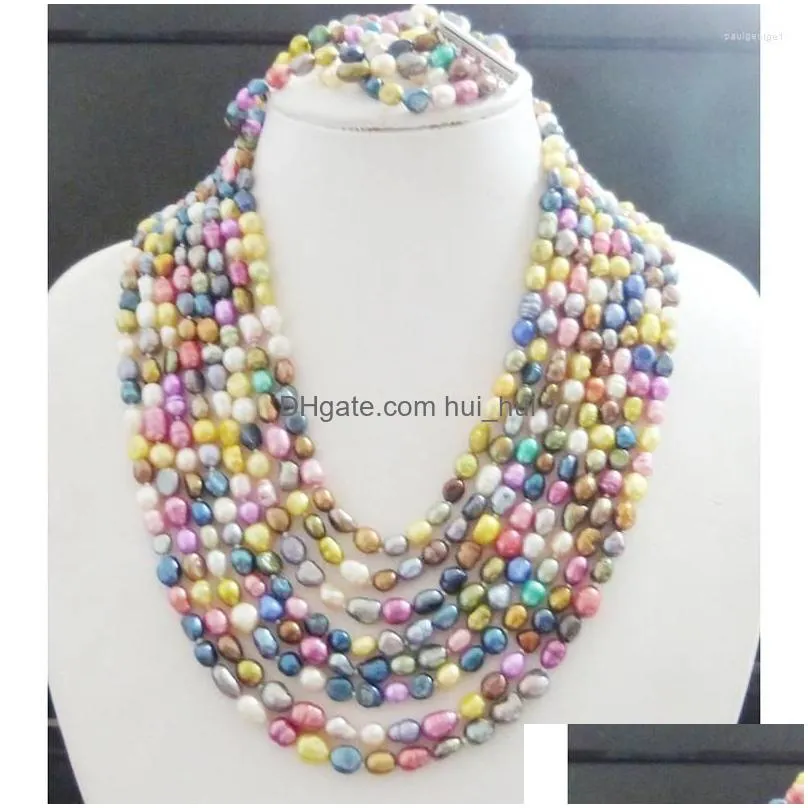 necklace earrings set 8 rows 5-6 mm profusion colour layer freshwater pearl bracelet