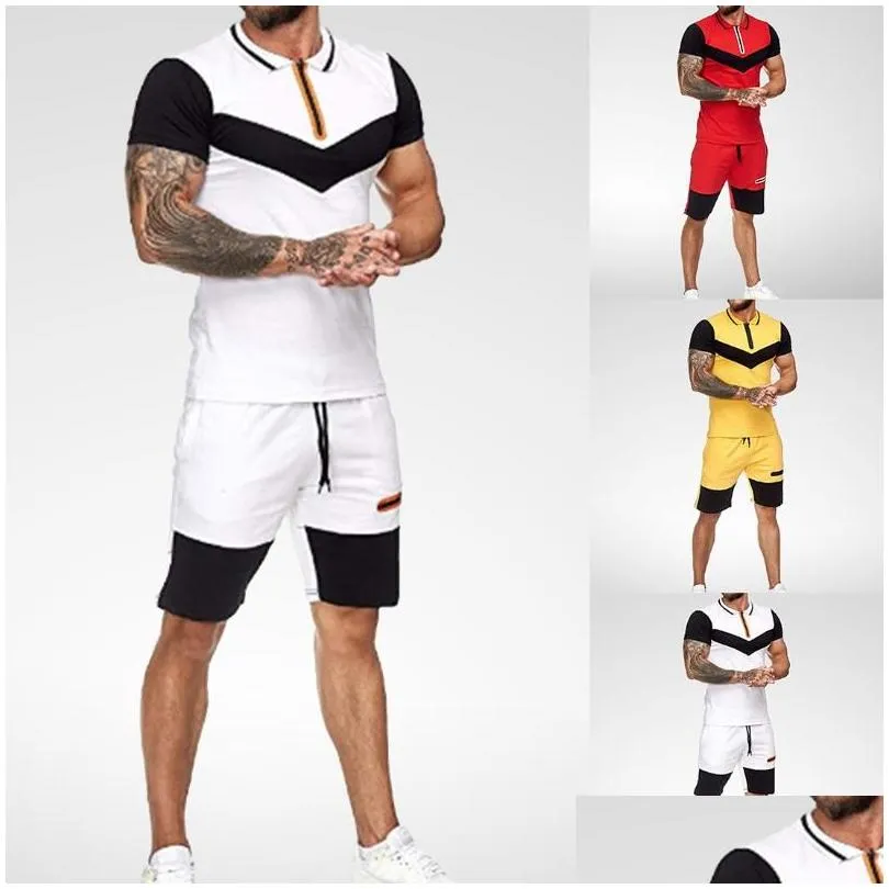 Men`S Tracksuits Mens Short Sets Summer Casual Clothing 2 Piece Set Colorblock Track Suits Male T Shirtaddshorts Cotton Men Drop Deli Dhcv6