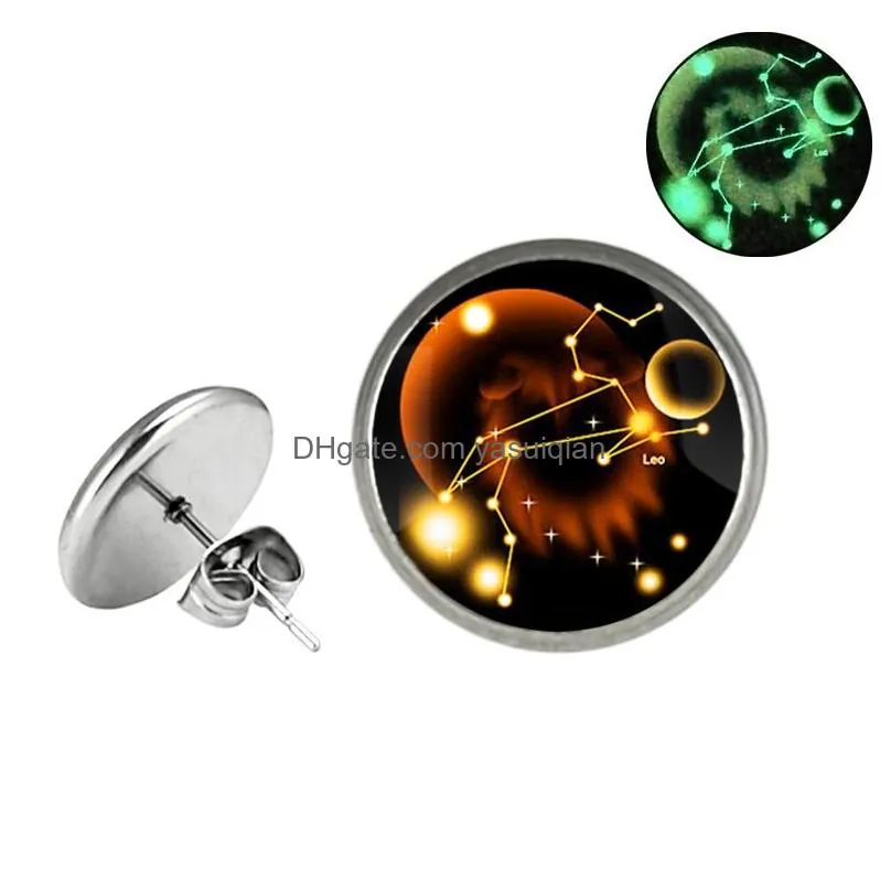 Stud Glow In The Dark 12 Zodiac Sign Earrings For Women Glass Constellation Stainless Steel Hypoallergenic Sier Ear Rings Fashion Dro Dhqjc