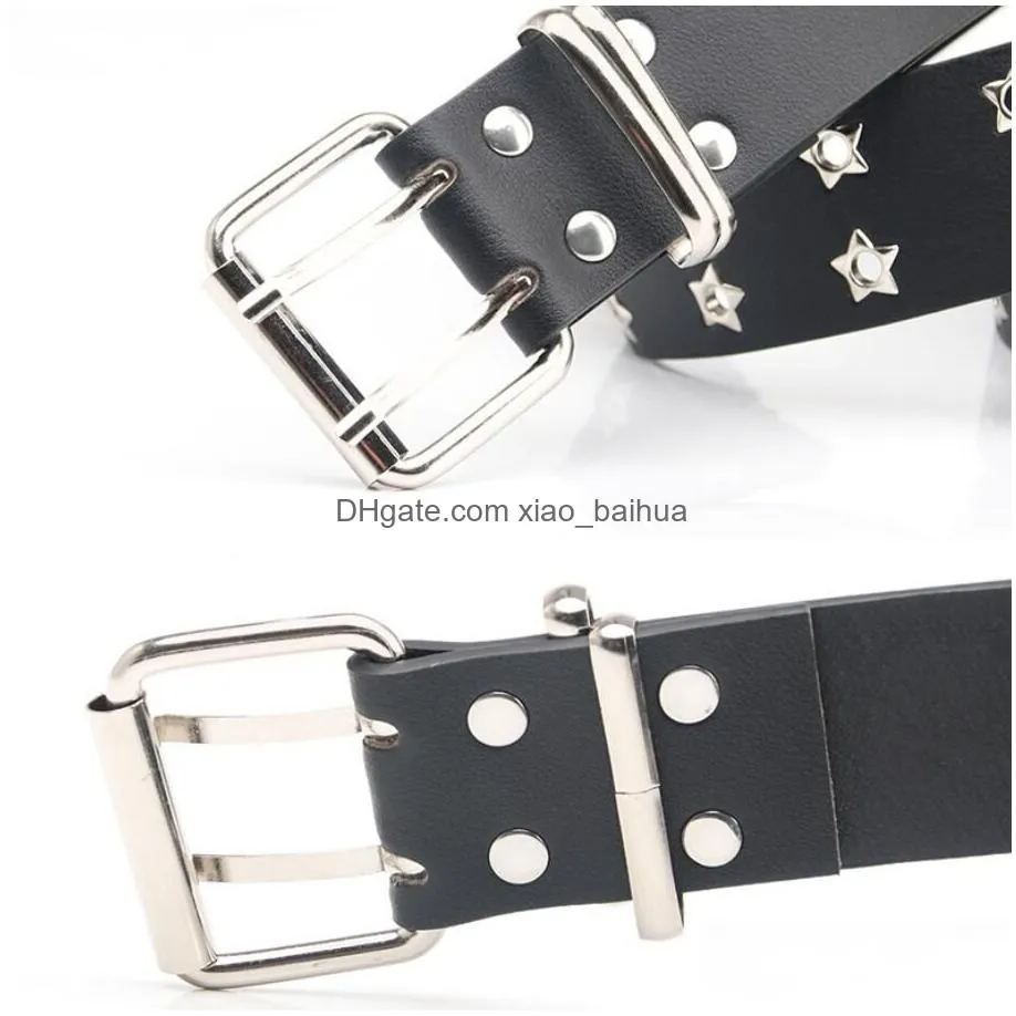 Belts Fashion Women Punk Chain Belt Adjustable Black Double Single Star Eyelet Grommet Metal Buckle Leather Waistband For Drop Deliver Dhaeh